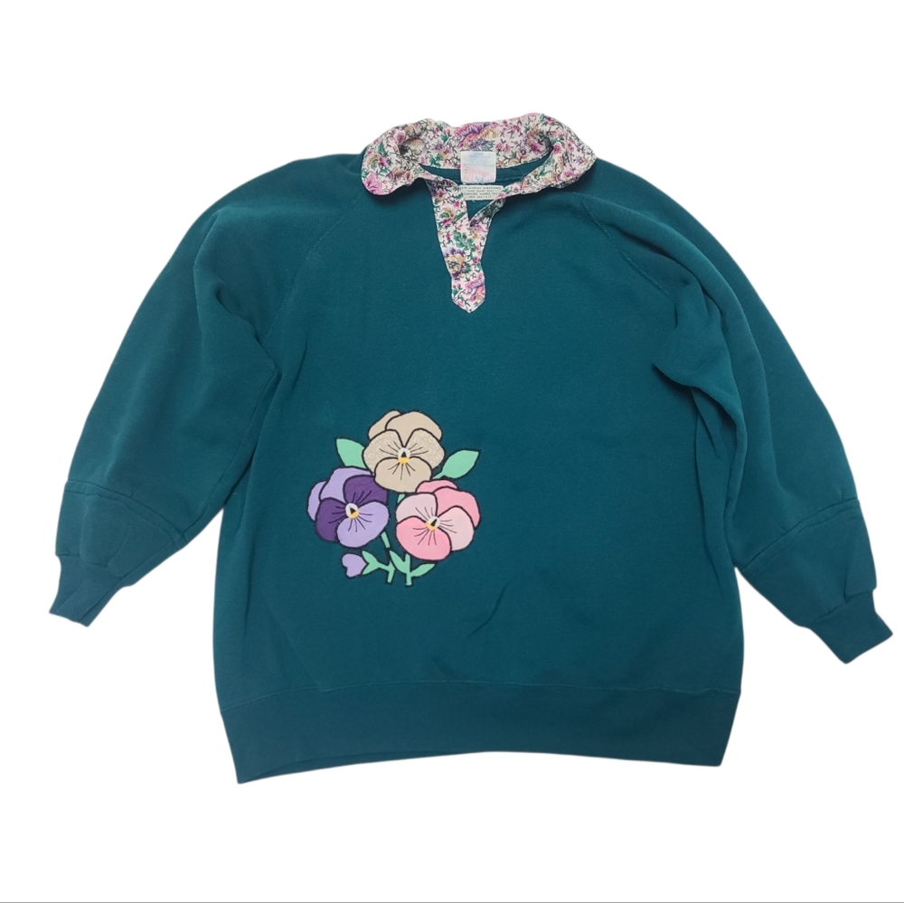 Hanes Activewrar Floral Collar Teal Sweatshirt, Floral, Vintage, 80's 90's